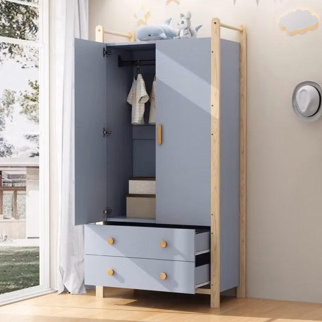 Armadio REDOM con 2 ante, cassetti integrati e barra appendiabiti, finitura blu e pino, L: 90 cm, P: 45 cm, H: 180 cm