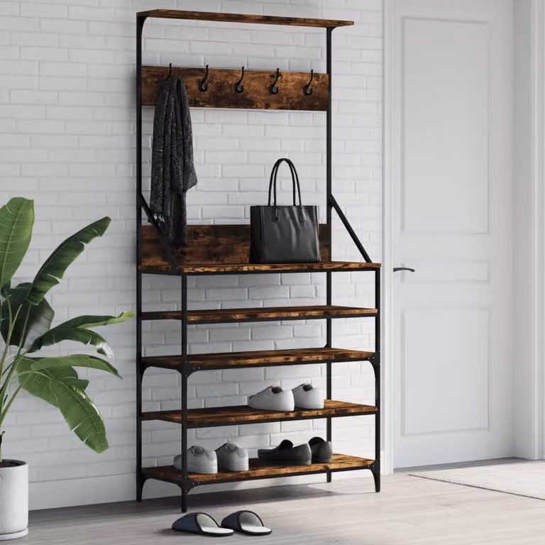 vidaXL Appendiabiti con Porta Scarpe in Rovere Fumo, L 90 cm x P 34 cm x H 184 cm