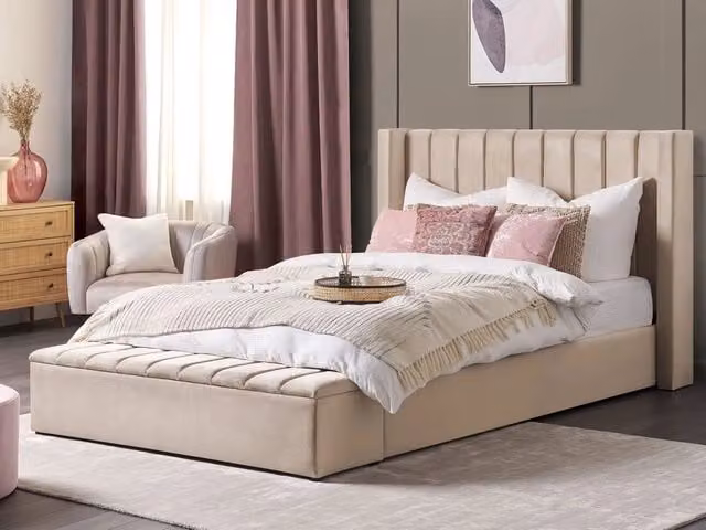 Letto Beliani in velluto beige con contenitore e rete a doghe stile moderno glam L/P: 180 x 200 cm