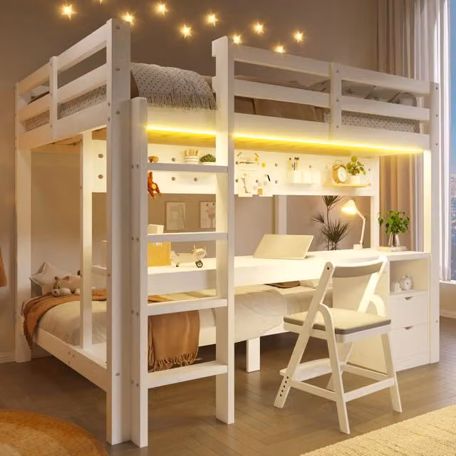 Letto a soppalco Mivray a due livelli in legno bianco con cassetti e illuminazione LED sotto il letto L/P/H: 205 x 140 x 151 cm