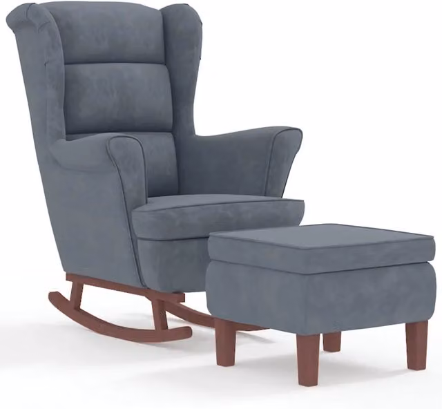 Sedia a dondolo con schienale alto in velluto grigio scuro e struttura in legno massiccio con pouf incluso CFW4799049 L: 97 cm, P: 78 cm, H: 93 cm