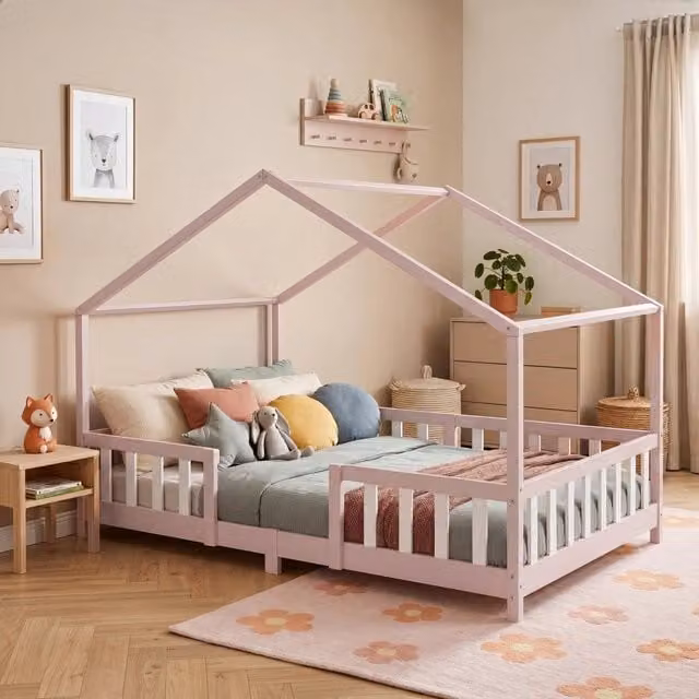 Letto per cameretta Treviolo a forma di casetta in stile Montessori con materasso en.casa Rosa/Bianco L/P/H: 200 x 120 x 138 cm