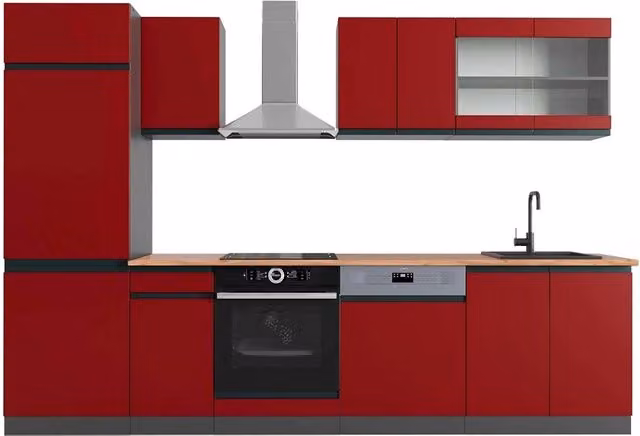 Cucina componibile moderna Vicco R-Line J-Shape in Rosso e Antracite con dettagli in Rovere, L: 300 cm