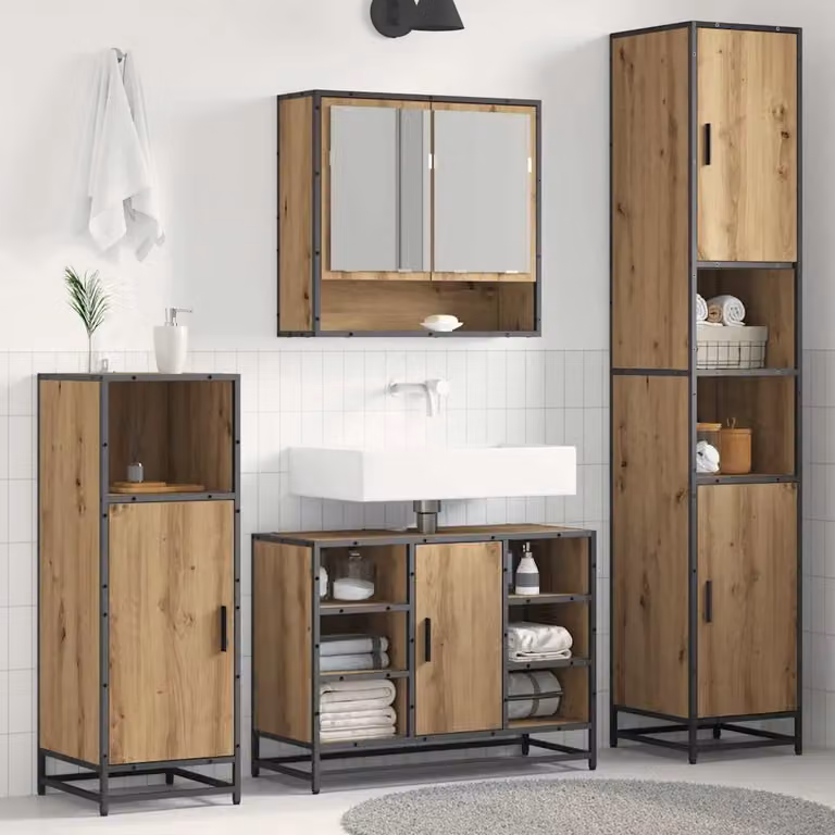 Set di mobili per il bagno moderni vidaXL in legno e metallo, colore marrone e nero, con illuminazione LED e ripiani interni, L/P/H: 188.5 x 37.5 x 35.0 cm
