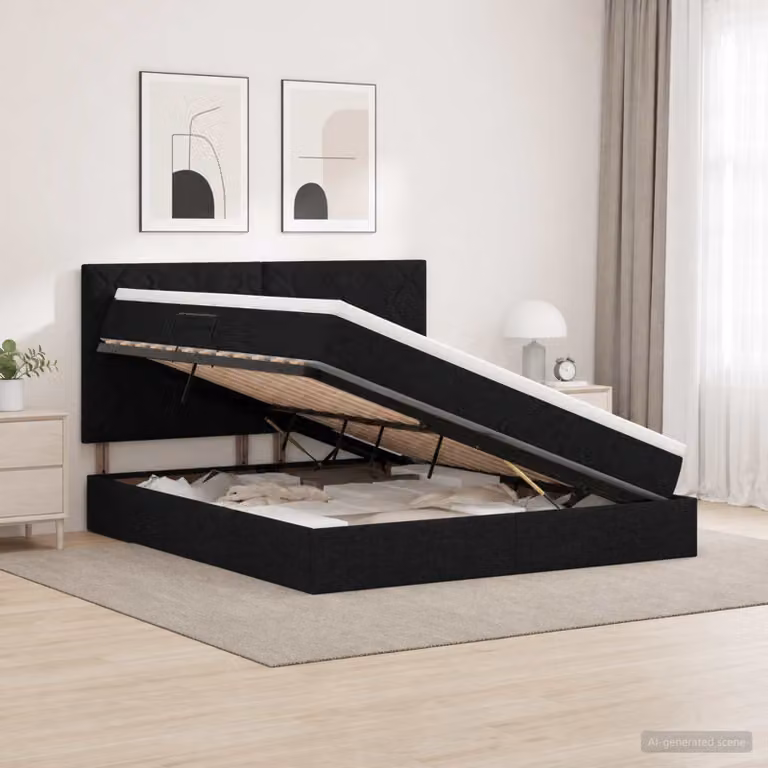 Letto con contenitore e materasso vidaXL Nero, con illuminazione LED e porta USB, L/P/H: 140 x 190 x 128 cm