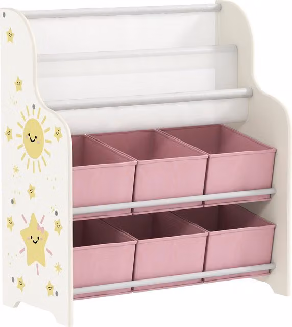 AIYAPLAY Scaffale Portagiochi con 6 Cassetti in Tessuto e Libreria a 2 Livelli in Legno e Acciaio, Rosa, L: 63 cm, P: 30 cm, H: 71 cm