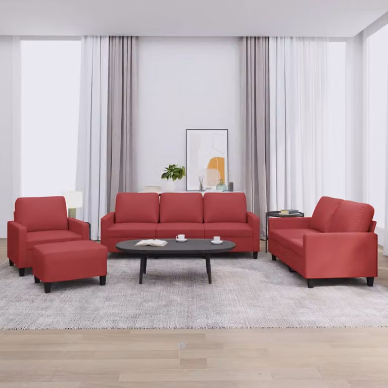 Set di divani vidaXL da 4 pezzi in similpelle rossa con cuscini e pouf per soggiorno