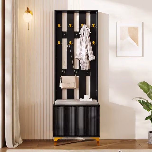 Set Ingresso Minimal con Panca, Appendiabiti e Ganci in Legno con Cuscino in Tessuto, Marrone e Nero, L/P/H: 80 x 40 x 75 cm