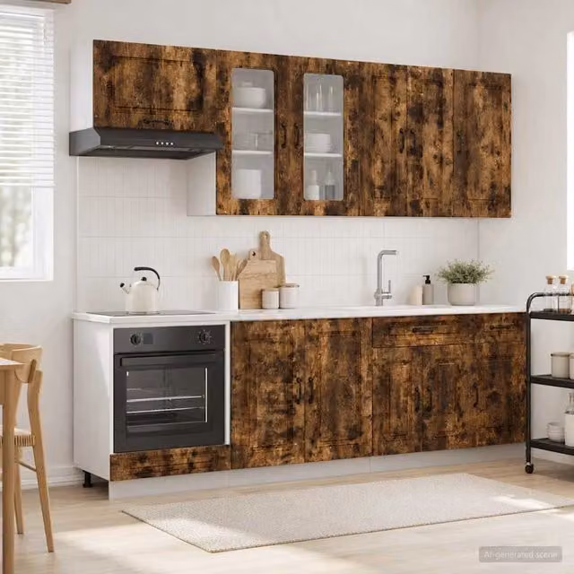 Unità Cucina Moderna KALMAR vidaXL in Rovere Fumo, 8 Pezzi con Ante in Vetro e Ripiani Aperti, Marrone
