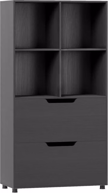 Libreria moderna DESIGN IN a 4 cubi con 2 cassetti in legno e metallo nera per soggiorno o ufficio domestico