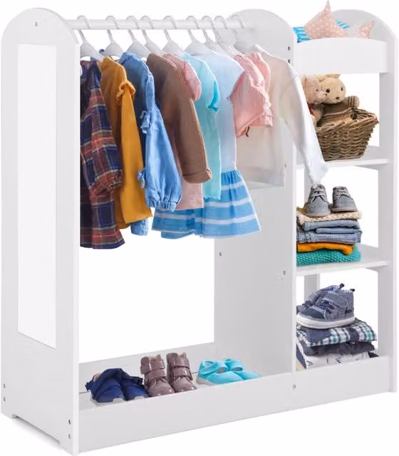 Armadio per bambini moderno bianco con specchio, appendiabiti e scaffali in legno e MDF