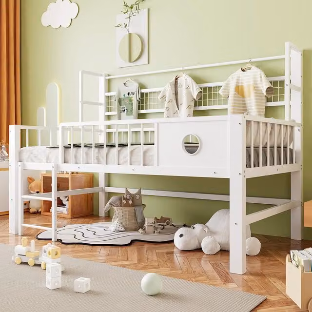 Letto basso per bambini Zephmum con telaio metallico e scaffali laterali, Bianco, L/P/H: 200 x 90 x 95 cm