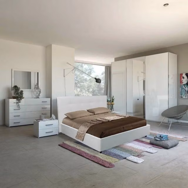 Set camera da letto moderna bianca laccata con letto imbottito, armadio, cassettiera, comodino e specchio