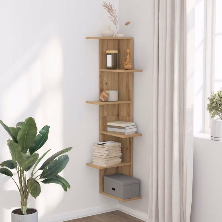 Scaffale Angolare da Muro vidaXL in Legno Rovere Marrone con Pannello Posteriore L/P/H: 36,5 x 36,5 x 140 cm