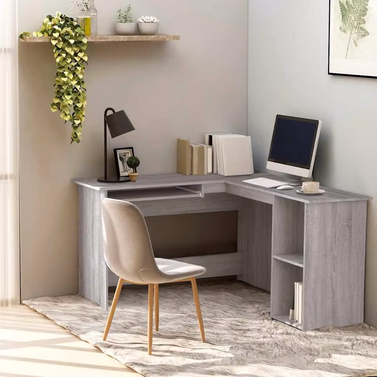 Scrivania angolare moderna vidaXL in legno multistrato e MDF, colore grigio Sonoma, L 120 cm x P 140 cm x H 75 cm