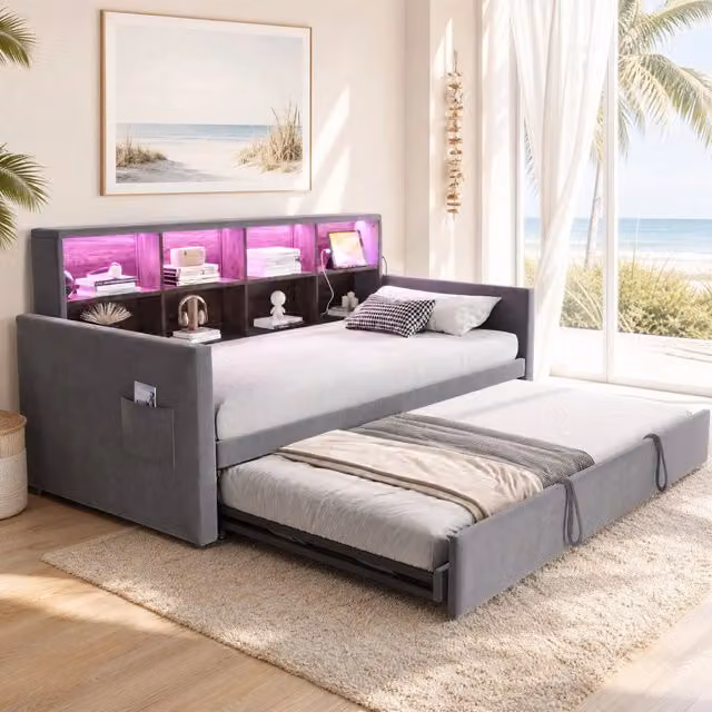 Divano letto Mivray grigio con letto estraibile, testiera con LED, prese USB e vani contenitore, L/P: 90 x 190 cm