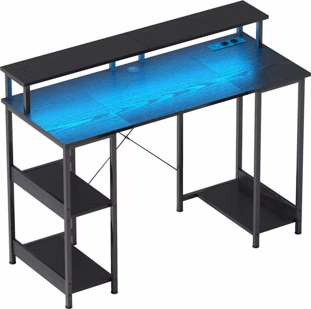 Scrivania per PC HOMCOM reversibile con prese elettriche, luci e supporto monitor, colore nero, L: 120 cm, P: 50 cm