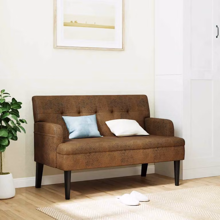 Panca con schienale vidaXL in scamosciato marrone con braccioli e struttura in legno L: 112 cm, P: 65,5 cm, H: 75 cm