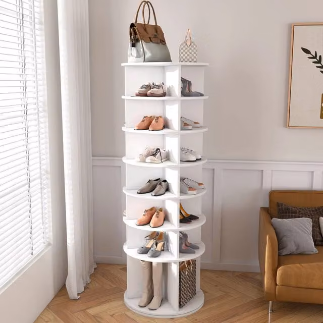 Scarpiera a torre girevole 360 gradi MINIMAL bianca con 7 ripiani per 28 paia di scarpe L/P/H: 60 x 60 x 184 cm