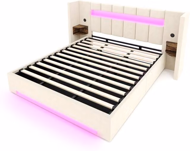 Letto matrimoniale imbottito in velluto beige con contenitore a sollevamento, porta USB, mensola e illuminazione sottostante Aosom Italy, 180x200 cm