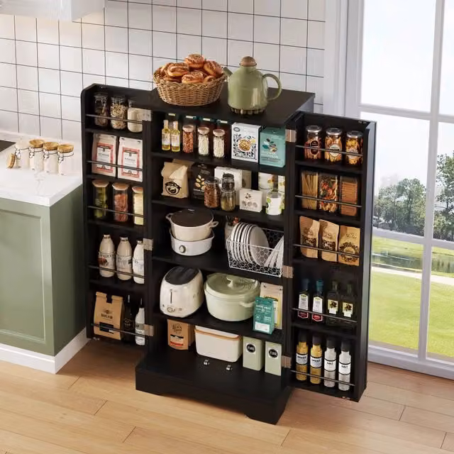 Colonna da cucina OKWISH nera con luce LED integrata, 2 ante e ripiani regolabili in MDF, L/P/H: 120 x 60 x 40 cm