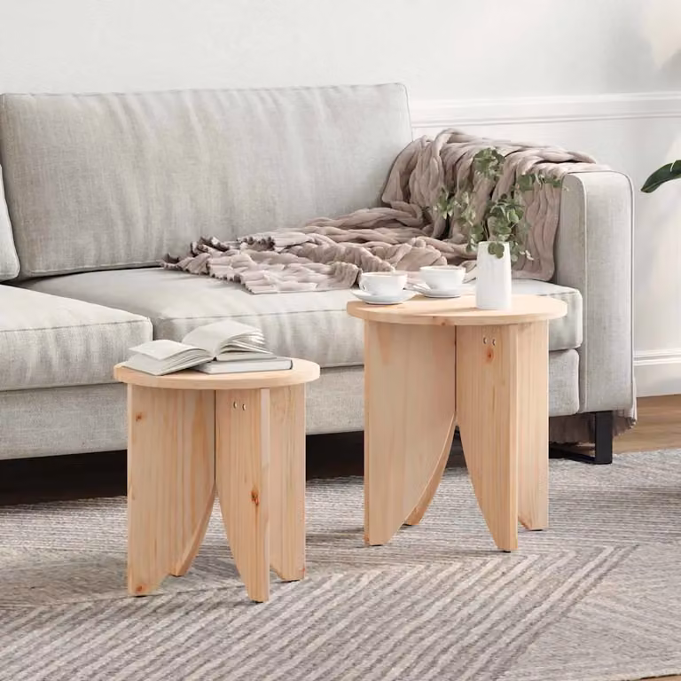 Set di 2 tavolini da salotto vidaXL in legno di pino rustico, forma rotonda, colore naturale beige, L/P/H: 41,5 x 41,5 x 44 cm