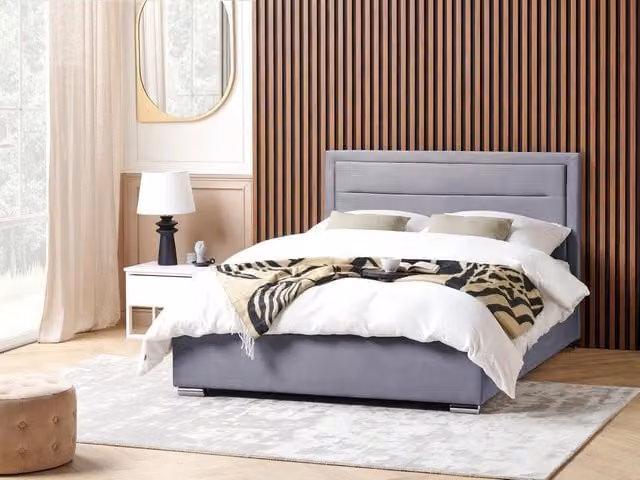 Letto matrimoniale Beliani in velluto grigio con contenitore e design moderno L/P/H: 214 x 160 x 350 cm