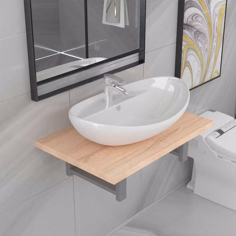 Set di mobili da bagno vidaXL in 2 pezzi con mobile lavabo e pensile in ceramica e legno rovere, bianco e marrone