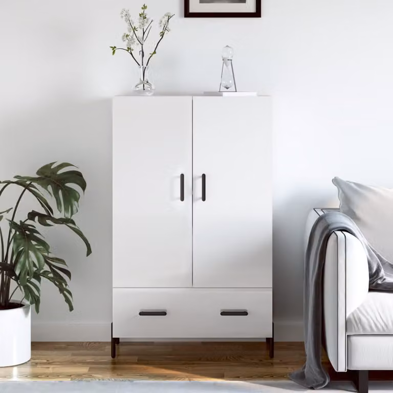 Credenza moderna vidaXL in legno multistrato bianco lucido L: 69,5 cm, P: 31 cm, H: 115 cm