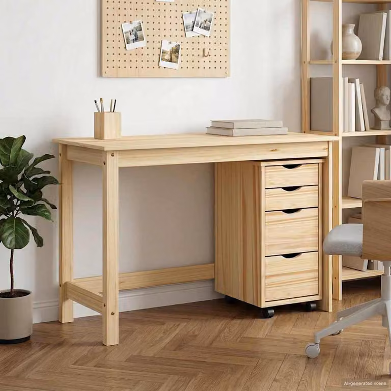 Set scrivania e mobiletto su ruote MOSS vidaXL in legno color marrone e beige L/P/H: 112 x 50 x 75 cm
