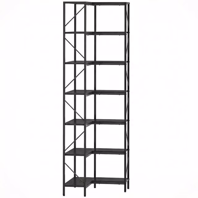 Libreria ad Angolo HOMCOM con 7 Ripiani in Stile Industriale, Effetto Legno e Metallo, Colore Nero e Marrone