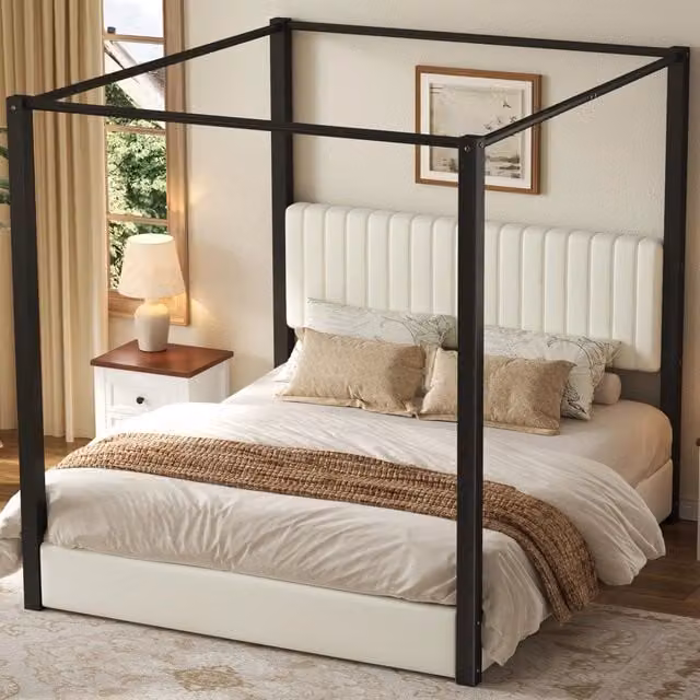Letto a baldacchino Mivray con testiera imbottita in velluto, struttura in MDF e metallo, beige e nero, L: 180 cm, P: 200 cm, H: 206 cm