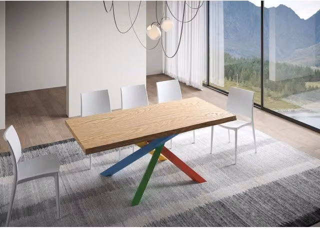 Tavolo allungabile moderno ITAMOBY in legno di rovere con bordo live edge e telaio a X, Multicolore/Antracite, L: 200-250 cm, P: 90 cm, H: 75 cm