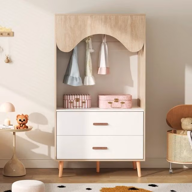 Armadio per bambini MINIMAL con cassetti e appendiabiti, Bianco e Legno Naturale, L: 80 cm, P: 46 cm, H: 141,5 cm
