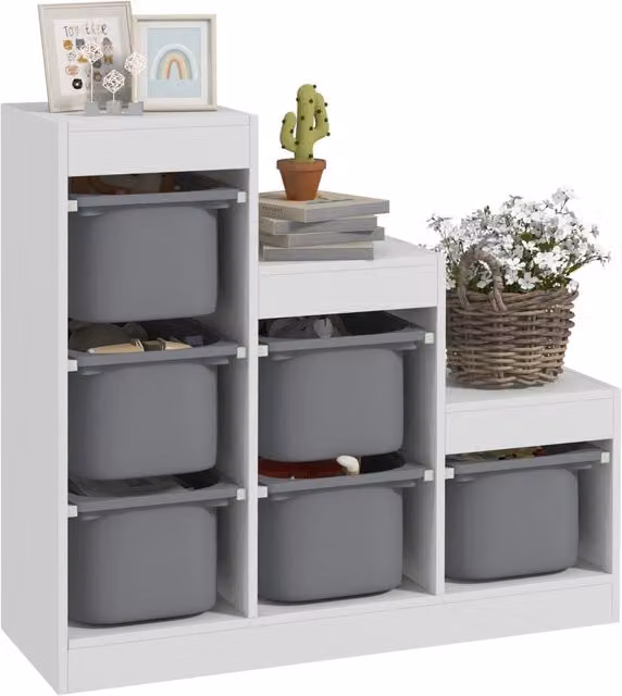 Scaffale Portagiochi per Bambini GIORDANOSHOP a 3 Livelli con 6 Contenitori, L/P/H: 96 x 38,5 x 90 cm, Grigio e Bianco