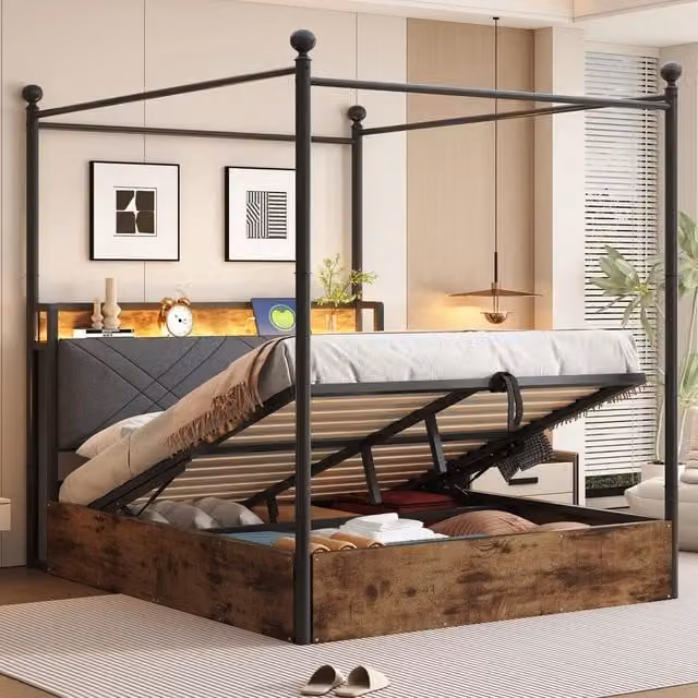 Letto Matrimoniale Minimal in Metallo Nero con Baldacchino, Contenitore Idraulico, Illuminazione LED e Porte USB, L/P: 140 x 190 cm