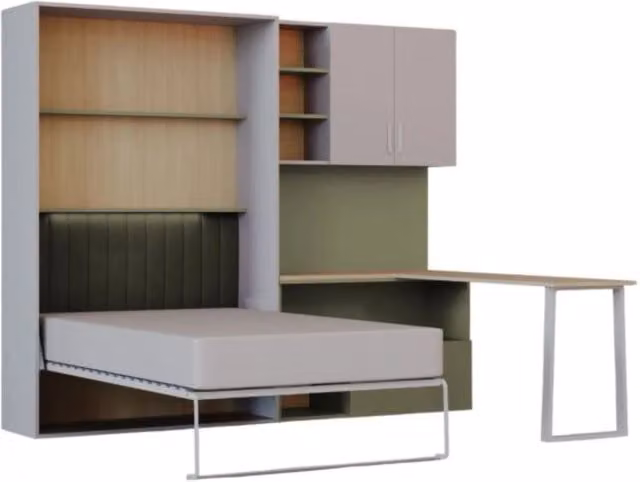 Cameretta Completa Arreditaly con Letto a Scomparsa, Armadio, Cassettiera e Scrivania, Colore Cashmere e Verde, L: 133 cm, P: 208.5 cm, H: 45-216 cm
