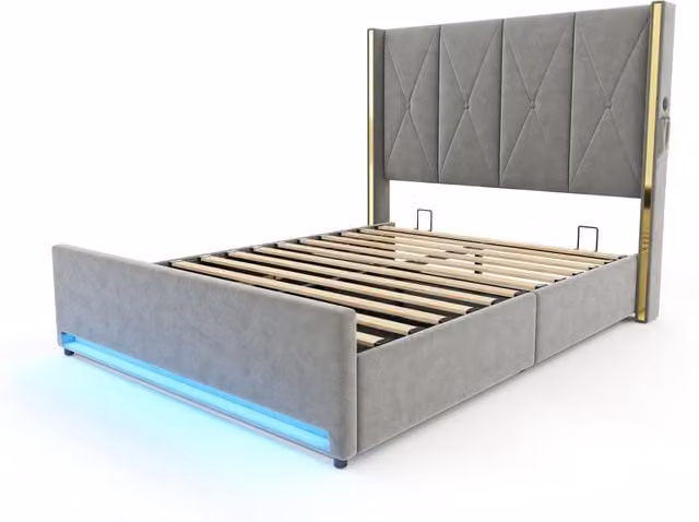 Letto matrimoniale moderno Aosom Italy in velluto grigio con testiera imbottita e trapuntata, base contenitore a sollevamento, L/P: 90 x 200 cm