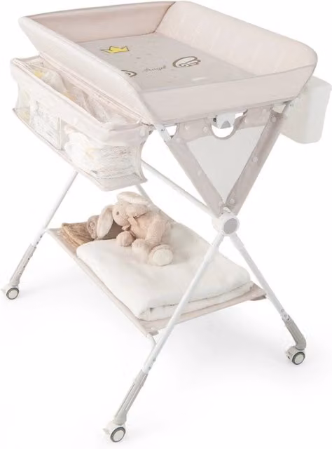 Fasciatoio per neonati con ruote e 3 altezze regolabili, organizer con contenitori integrati e barriera di sicurezza, Beige