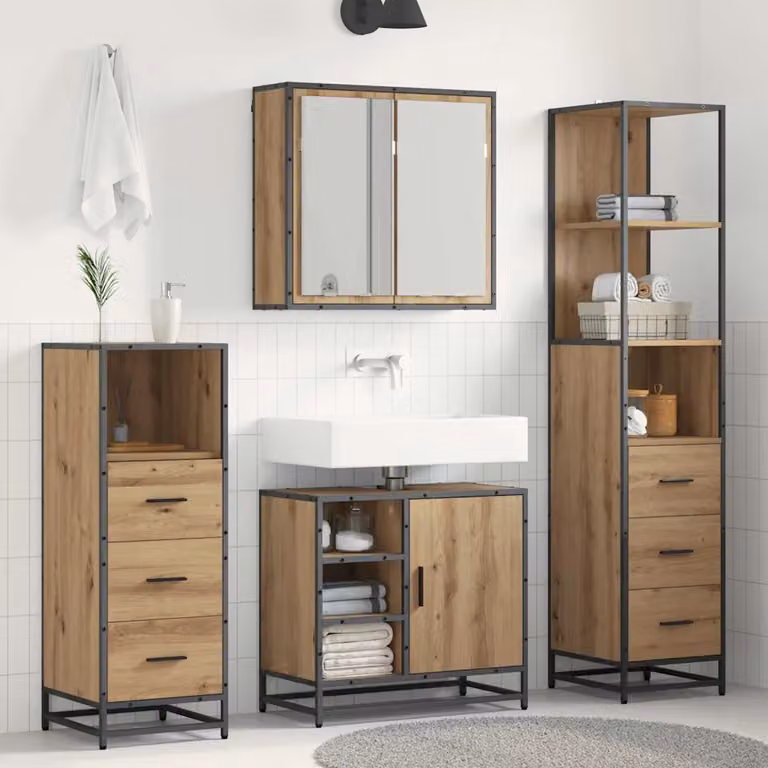 Set di mobili per il bagno moderno vidaXL in 3 pezzi marrone con mobileto specchiato, mobile lavabo e colonna alta, L/P/H: 65 x 35 x 166 cm