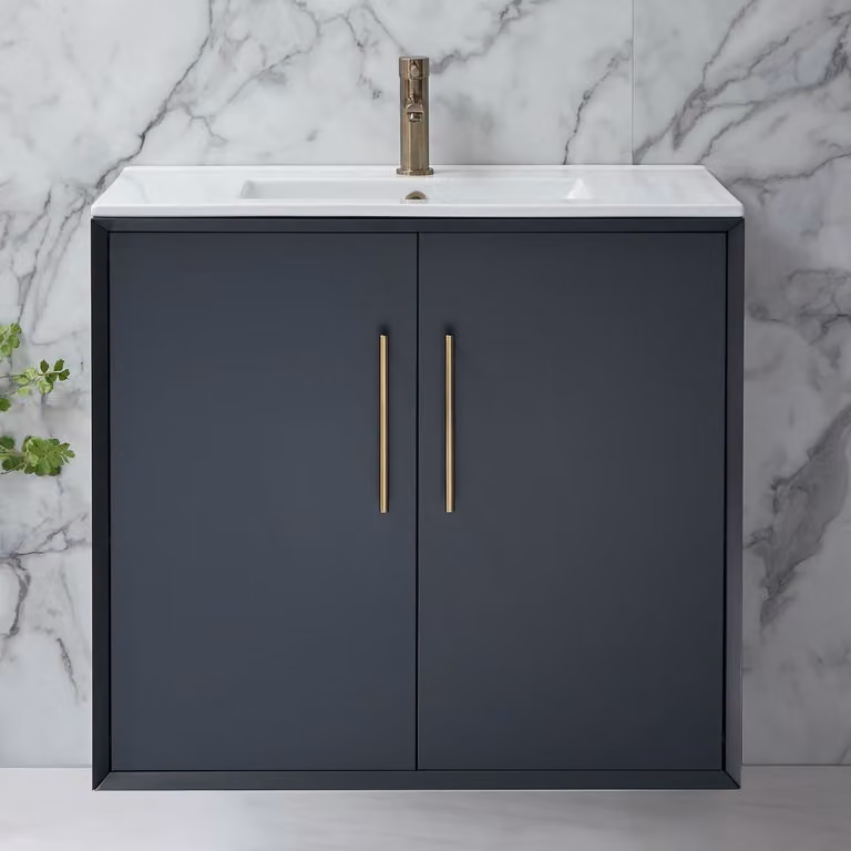 Mobile Bagno Sospeso HudsonReed Edge Antracite con Lavabo e Maniglie Ottone Spazzolato e Barra a T