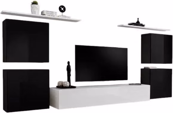 Composizione murale SWITCH IV Meublorama in MDF bianco e nero lucido con mobile TV, blocchi sospesi e scaffali, L: 320 cm, H: 40 cm, P: 150 cm