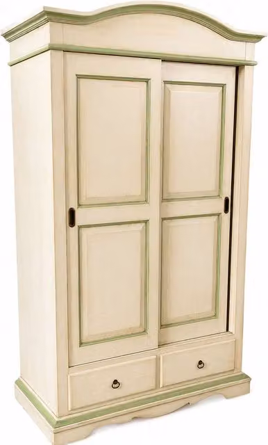 Armadio Mobili 2G in legno stile shabby chic con 2 ante scorrevoli, colore avorio anticato e dettagli verde, L: 122 cm, P: 59 cm, H: 200 cm