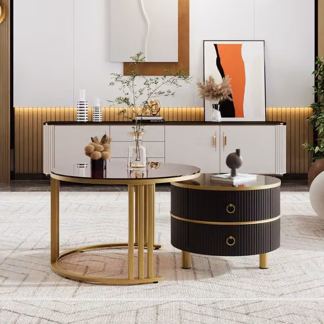 Tavolino da soggiorno 2-in-1 GL Store in MDF con piano lucido e vetro temperato, combinazione con 2 cassetti, marrone e nero