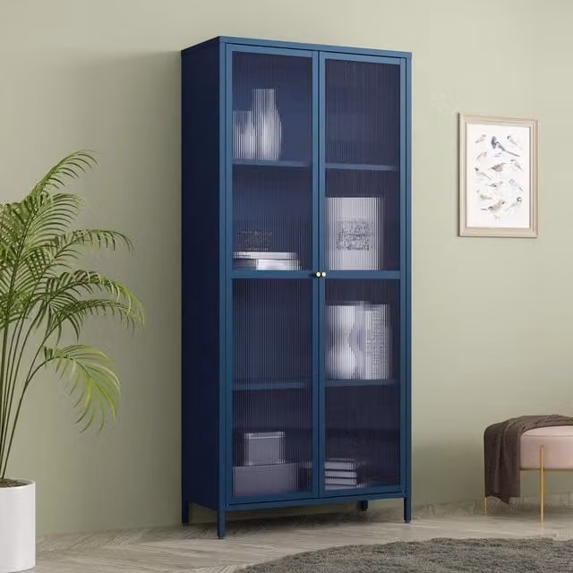 Armadio a vetrata Säkylä en.casa con 4 scomparti in metallo e vetro, Blu Marino, H 180 x L 80 x P 35 cm