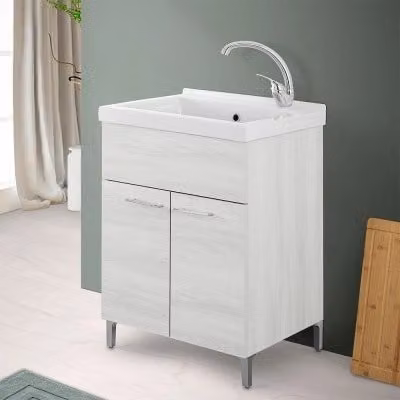 Mobile lavatoio moderno in legno bianco rovere con vasca per bagno L: 80.2 cm, P: 59.7 cm, H: 50.2 cm