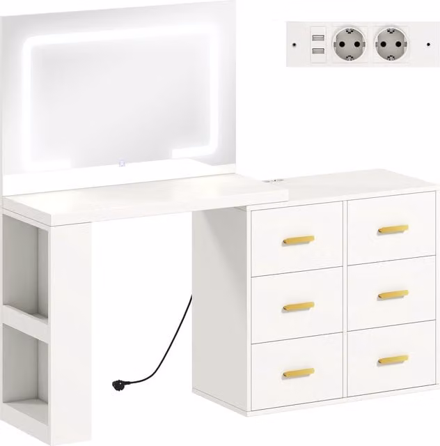Toeletta da camera HOMCOM con specchio e luci LED regolabili, 6 cassetti e 2 ripiani, colore bianco