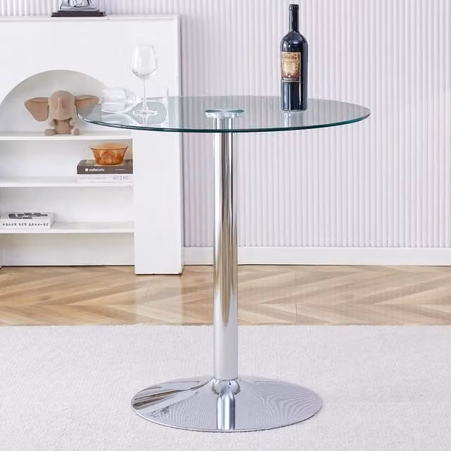 Tavolo da Pranzo Rotondo Minimal in Vetro Temperato Trasparente con Base in Metallo Argento Diametro: 89 cm, Altezza: 92 cm