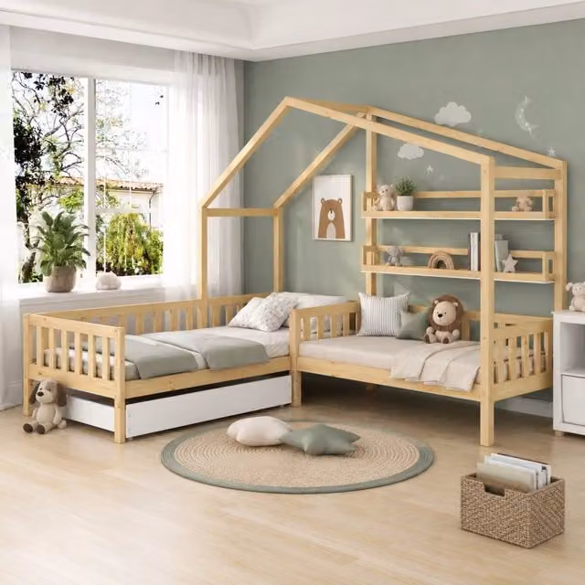 Letto a casetta per bambini Beaok in legno massello con cassetti e ripiani, colore bianco e beige, L/P/H: 208 x 90 x 243 cm