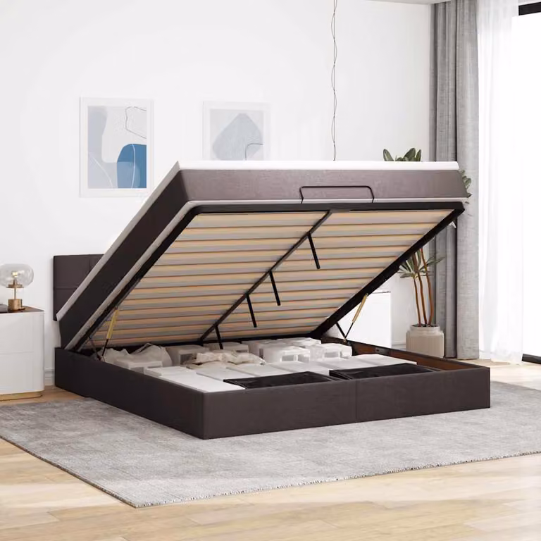 Letto con contenitore a sollevamento e materasso vidaXL in tessuto, disponibile in marrone, bianco o grigio, L/P/H: 203 x 160 x 88 cm